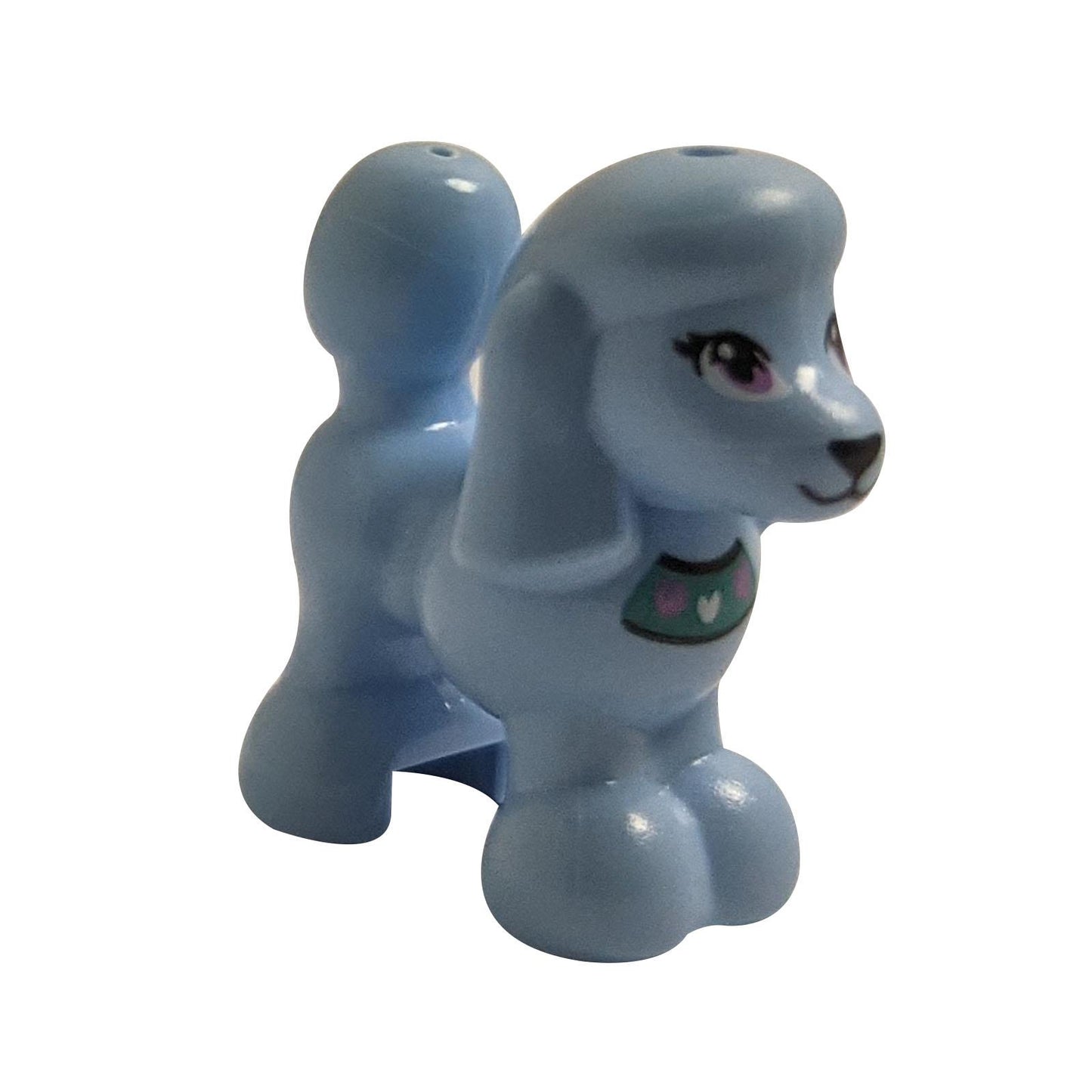 LEGO® Friends Poodle 11575pb05 in light blue with printed hearts collar and purple eyes, used in LEGO® Friends pet sets.