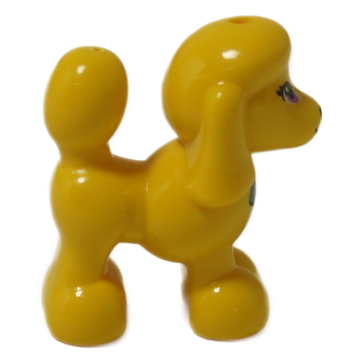 Side view of LEGO® Friends Poodle 11575pb05 in bright light yellow with printed hearts collar and purple eyes from LEGO® Friends pet collection.