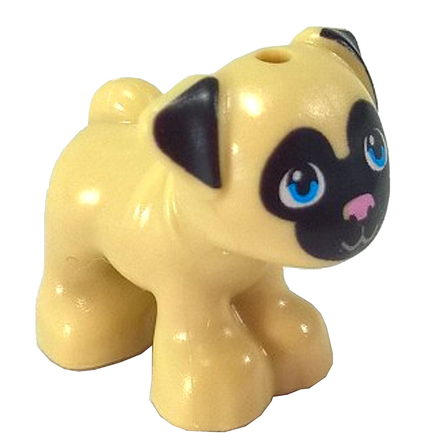 LEGO® Friends Pug 'Toffee' 24111pb01 vaaleanruskeana, jossa on painetut silmät ja kaulapanta, söpö LEGO® lemmikkikoirafiguuri Friends-sarjasta.