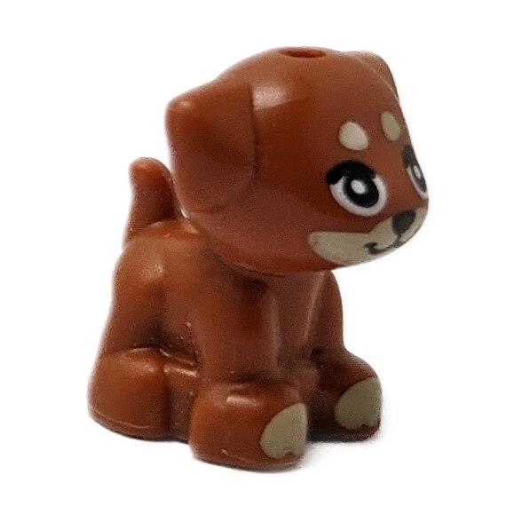 LEGO® Friends Puppy 'Aira' 69901pb07 in dark orange with tan spots and printed eyes, a collectible LEGO® Friends pet dog figure.
