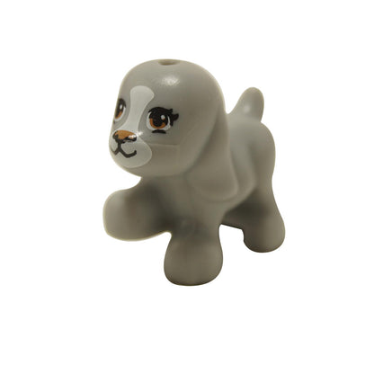 A LEGO Friends puppy figure in light bluish gray with a white blaze and medium nougat eyes.
