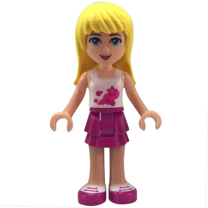 LEGO® Friends Stephanie minidoll frnd0008 wearing white top and magenta layered skirt - front