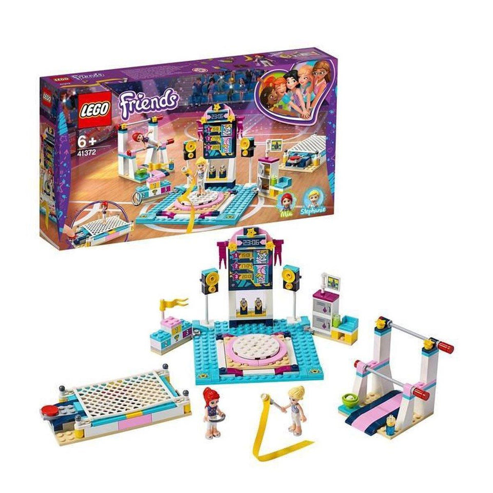 LEGO Friends Stephanie’s Gymnastics Show set 41372 – gym floor with balance beam, uneven bars, rhythmic ribbon apparatus, and two mini-dolls.