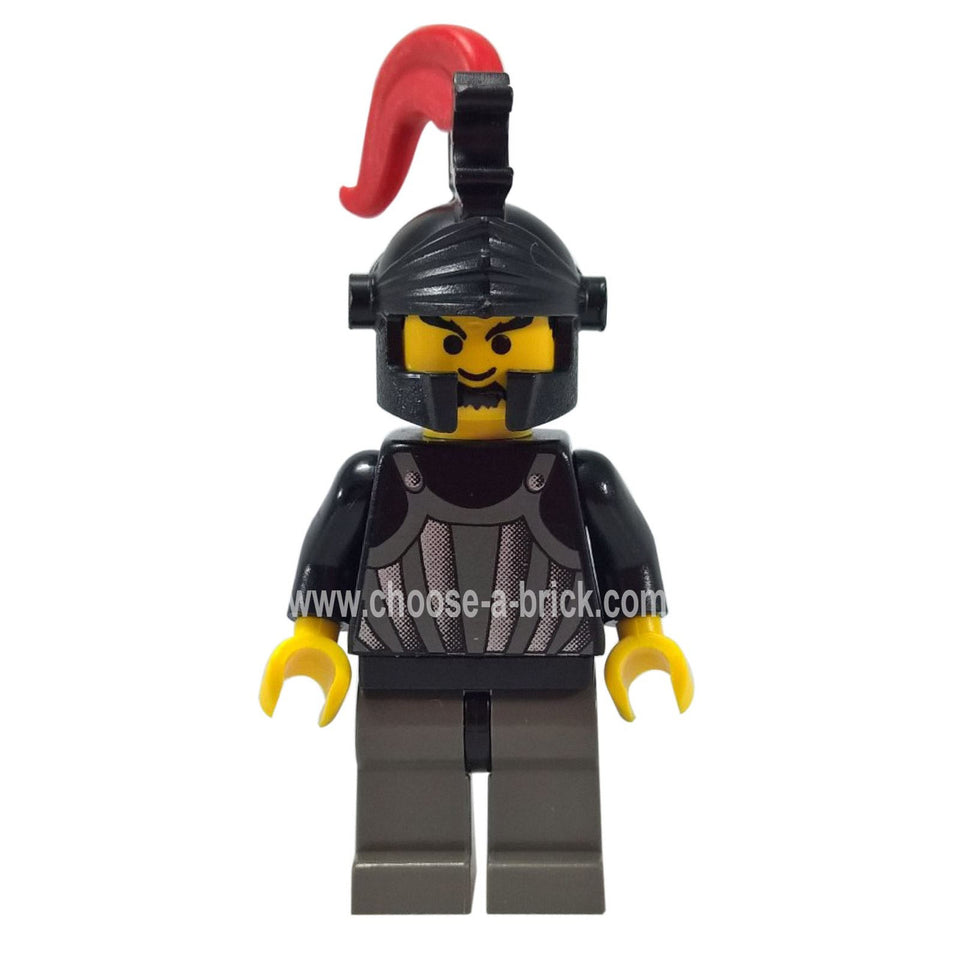 LEGO Minifigur Fright Knights - Ritter 1, Schwarz Drachenhelm, Rot Mittlere Feder - cas243, erste Ansicht.