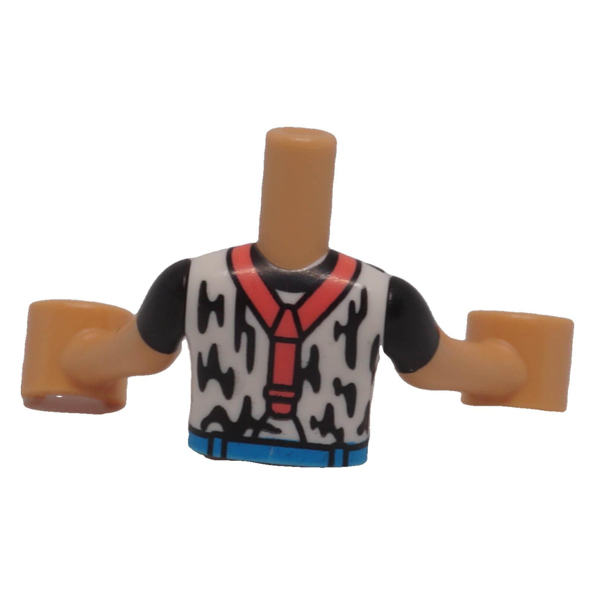 LEGO® FTBpb108c01 mini-doll white and black shirt torso with coral suspenders back view