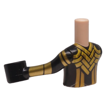 LEGO® FTGpb459c01 black and gold mini-doll torso angled back view with gold stripe pattern
