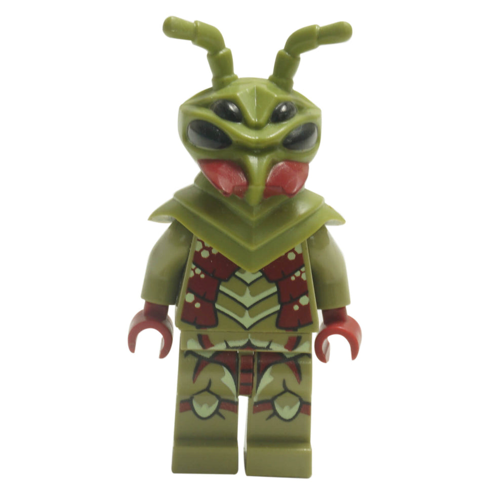 LEGO® Galaxy Squad Mantizoid gs014 alien minifigure with Olive Green insect head, four black eyes, antennae, Dark Red mandibles and printed exoskeleton