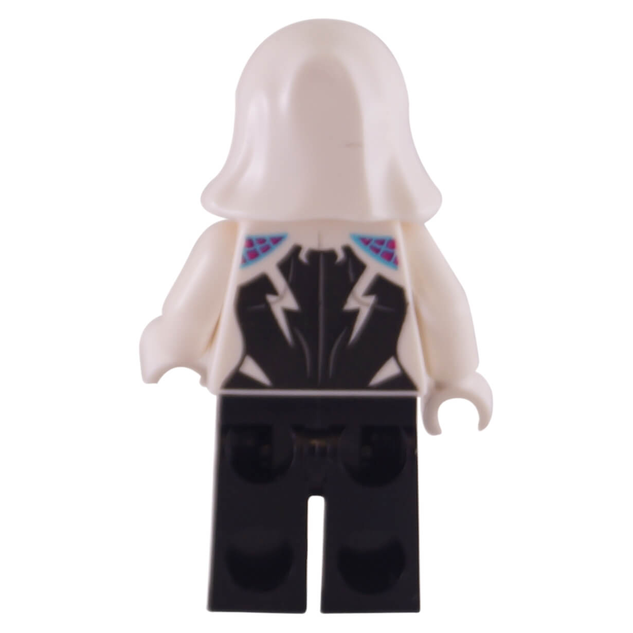 LEGO Ghost-Spider minifigure sh0543 back view showing black suit printing with blue and pink web accents
