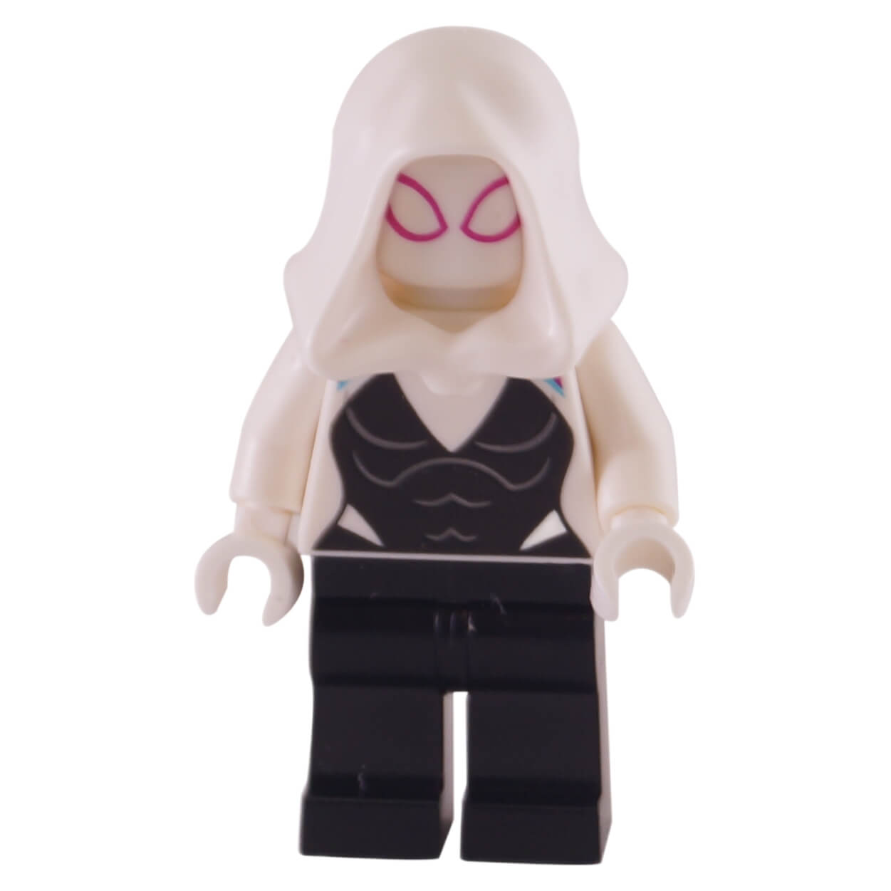 LEGO Ghost-Spider minifigure sh0543 front view with white hood and black suit with pink and blue detailing
