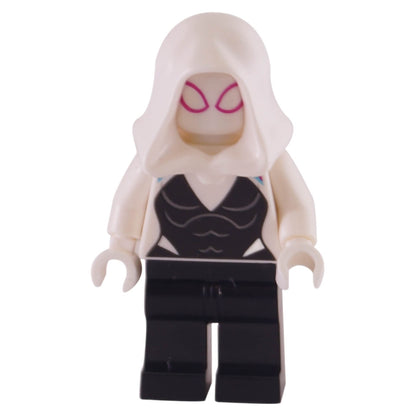 LEGO Ghost-Spider minifigure sh0543 front view with white hood and black suit with pink and blue detailing