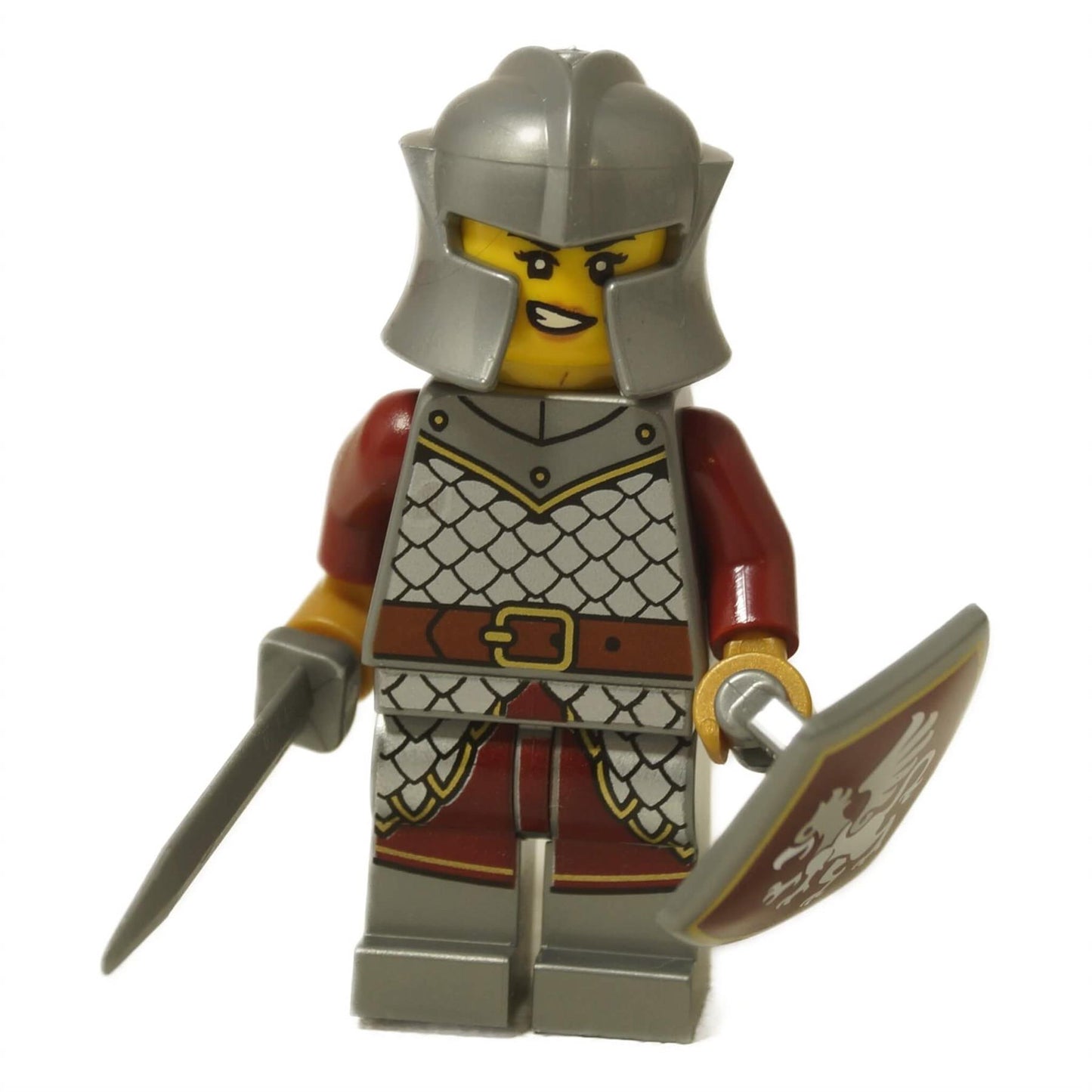 LEGO® Griffin Knight female minifigure idea233 with silver helmet, sword, and shield from set 21358