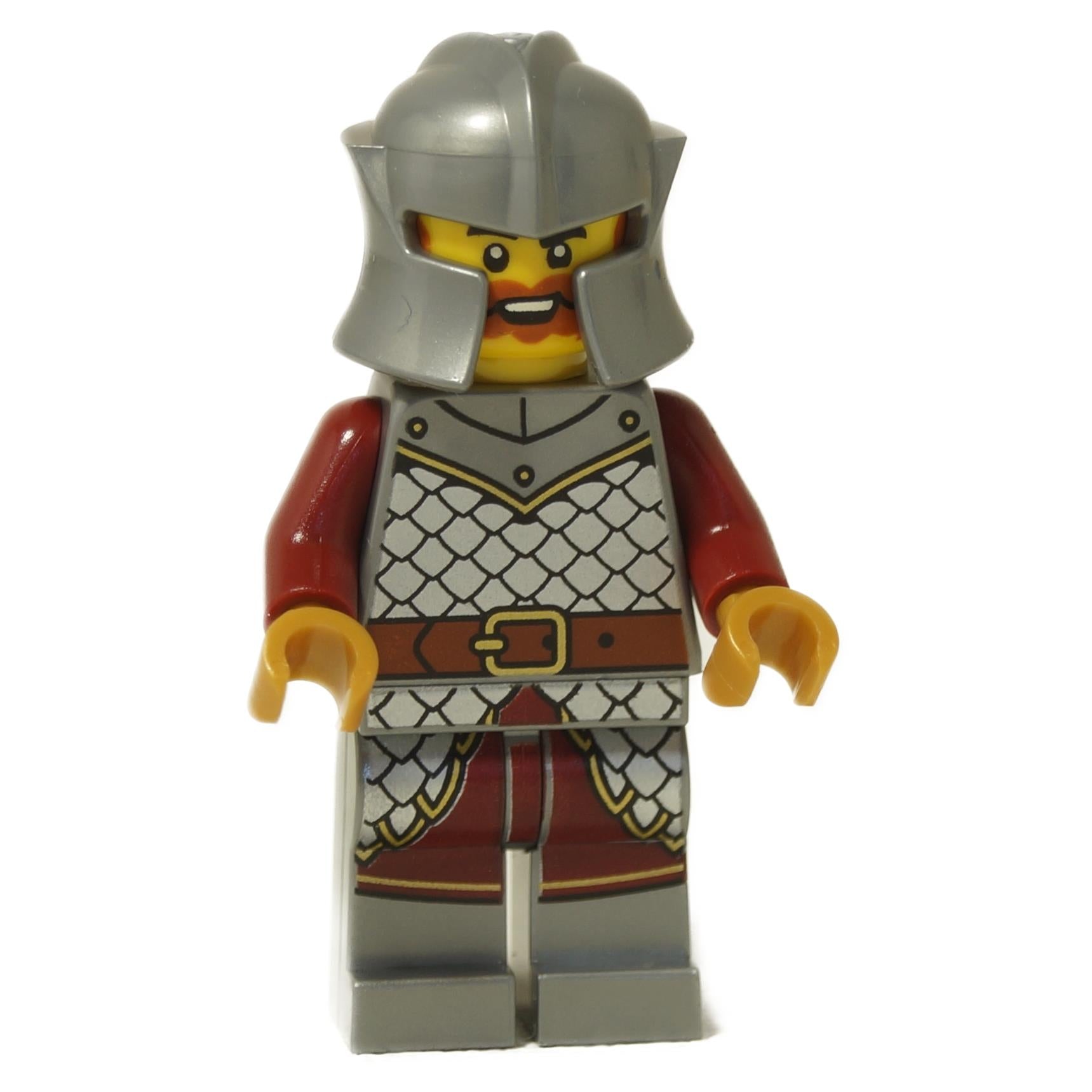 Front view of LEGO Griffin Knight minifigure (idea232) in silver helmet and chainmail armor.
