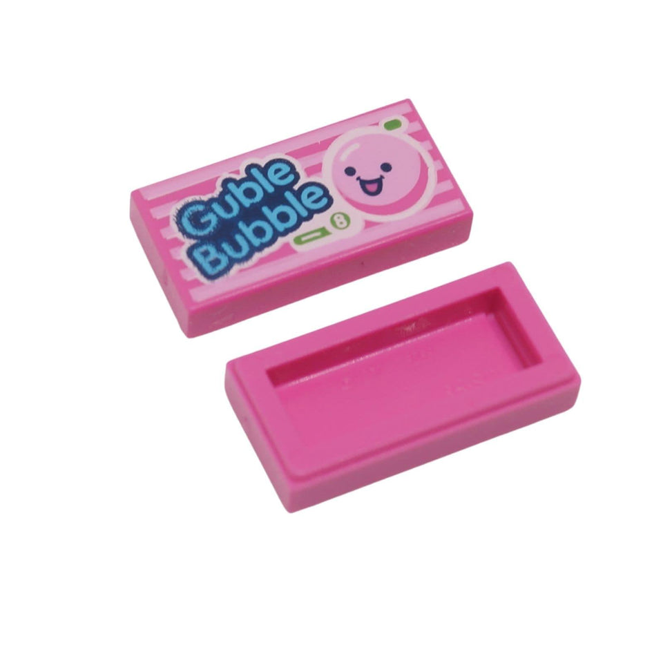 LEGO Dark Pink Tile 1 x 2 with Guble Bubble gum package print front and back view