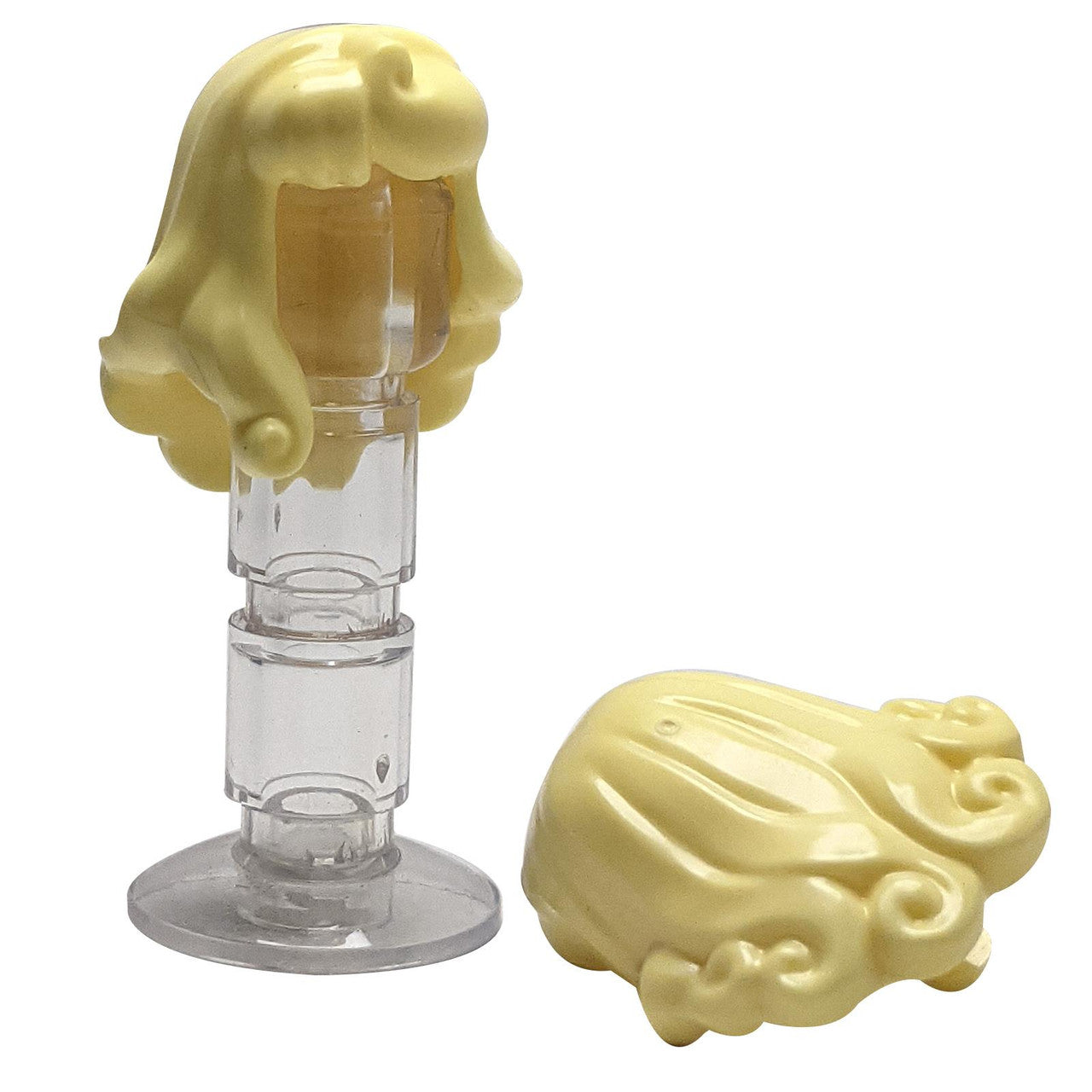 LEGO female hair part 3361 long side swept over right shoulder with accessory hole on top in bright light yellow color.