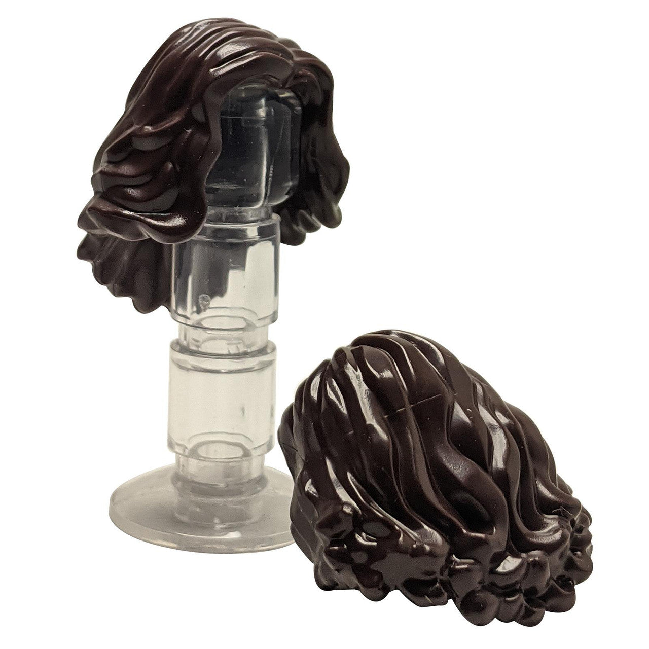 LEGO® minifigure femme cheveux ondulés mi-longs (23187) en brun foncé, avec des vagues douces et arrondies et un volume arrondi.
