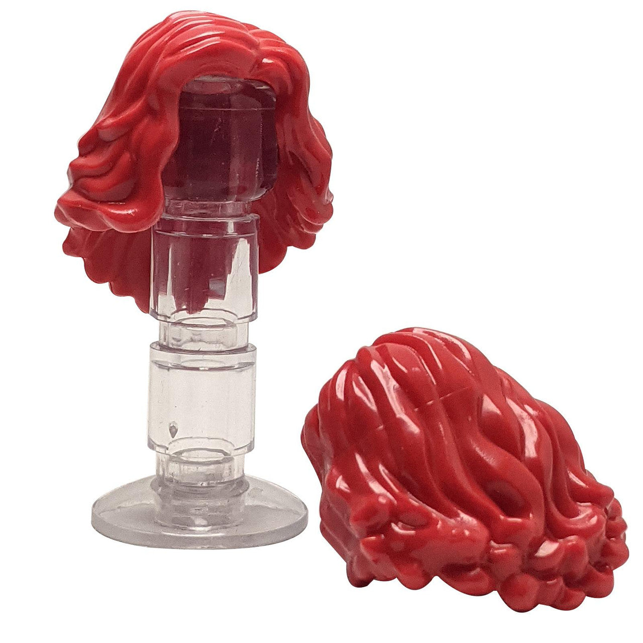 LEGO® minifigure femme cheveux ondulés mi-longs (23187) en rouge, avec des vagues douces et arrondies et un volume arrondi.

