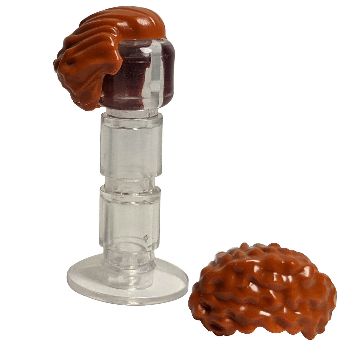 LEGO® minifigure hair swept back with widow’s peak, chin-length sides and bushy back (21269) in dark orange.

