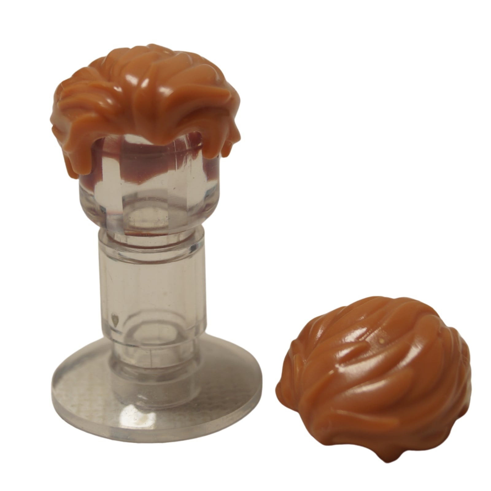 LEGO® minifigure hair piece, swept back with slight widow's peak and short sideburns in medium nougat.