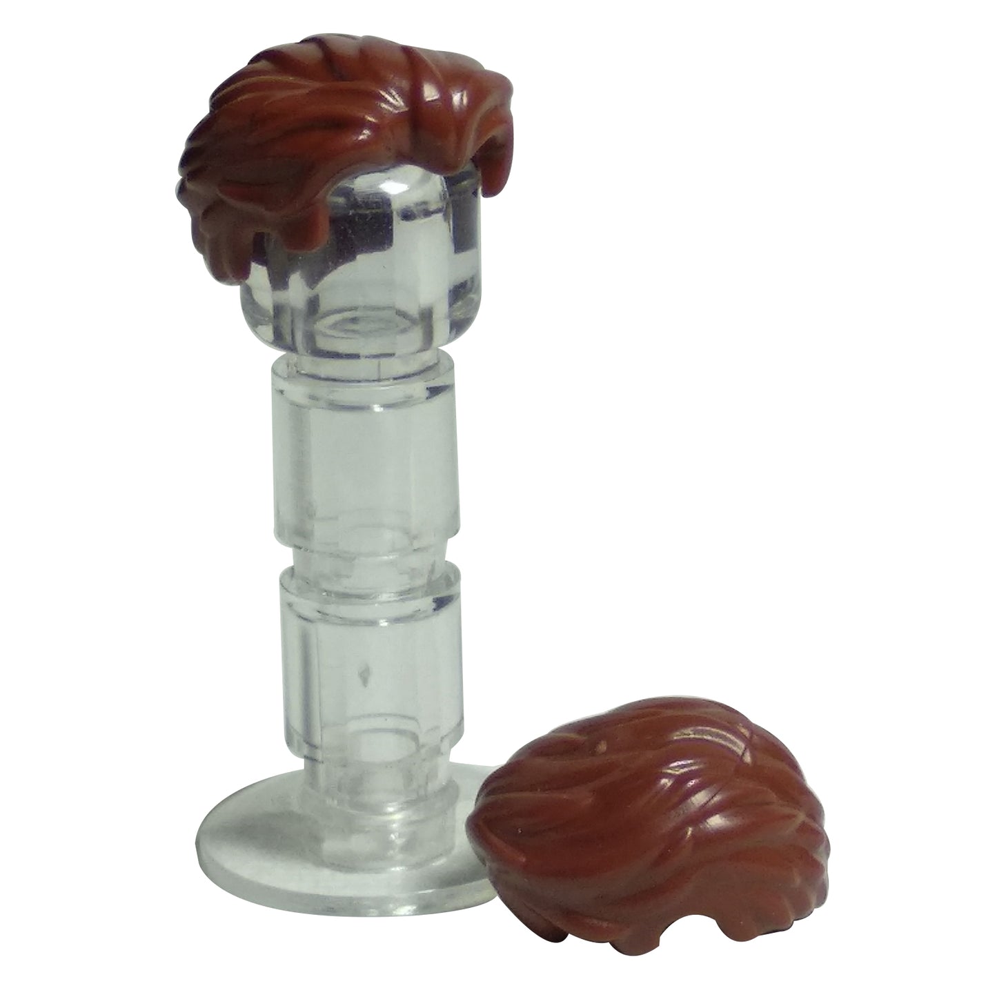 LEGO® minifigure hair piece, swept back with slight widow's peak and short sideburns in reddish brown.