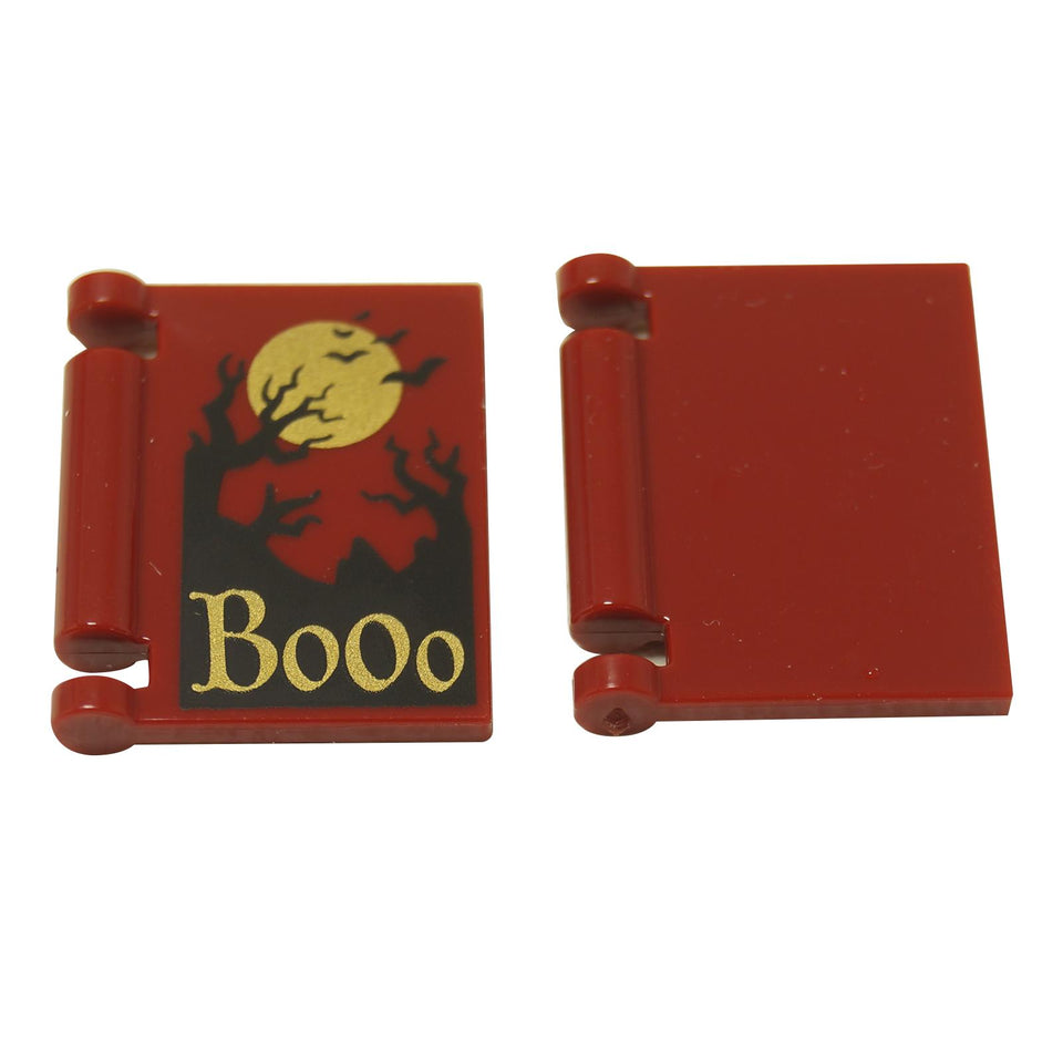 LEGO Dark Red Book Cover with gold 'Booo' text, moon, and spooky trees print, front and back views.