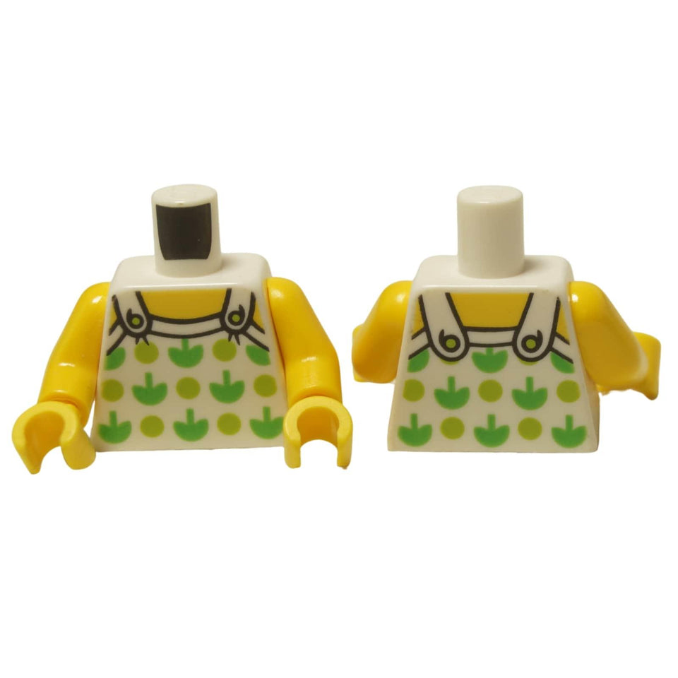 LEGO® Torso (973pb2732c01) with a white halter top featuring a green plant pattern, shown from the front and back.
