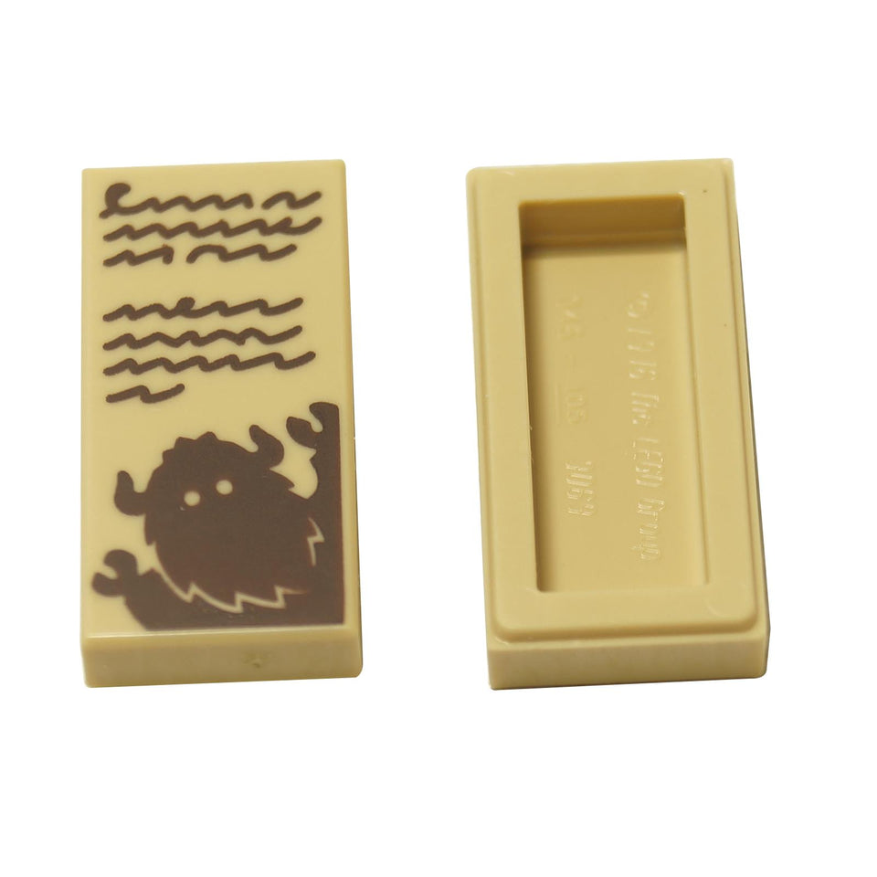 LEGO® printed tile 1x2 (3069pb1312) from Harry Potter, showing a book page with text and a Bogeyman/Boggart illustration.