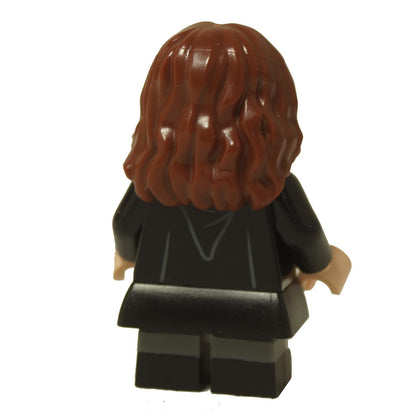 LEGO® Minifigure Harry Potter Hermione Granger (hp378) con lunghi capelli castani e tunica nera, vista posteriore.