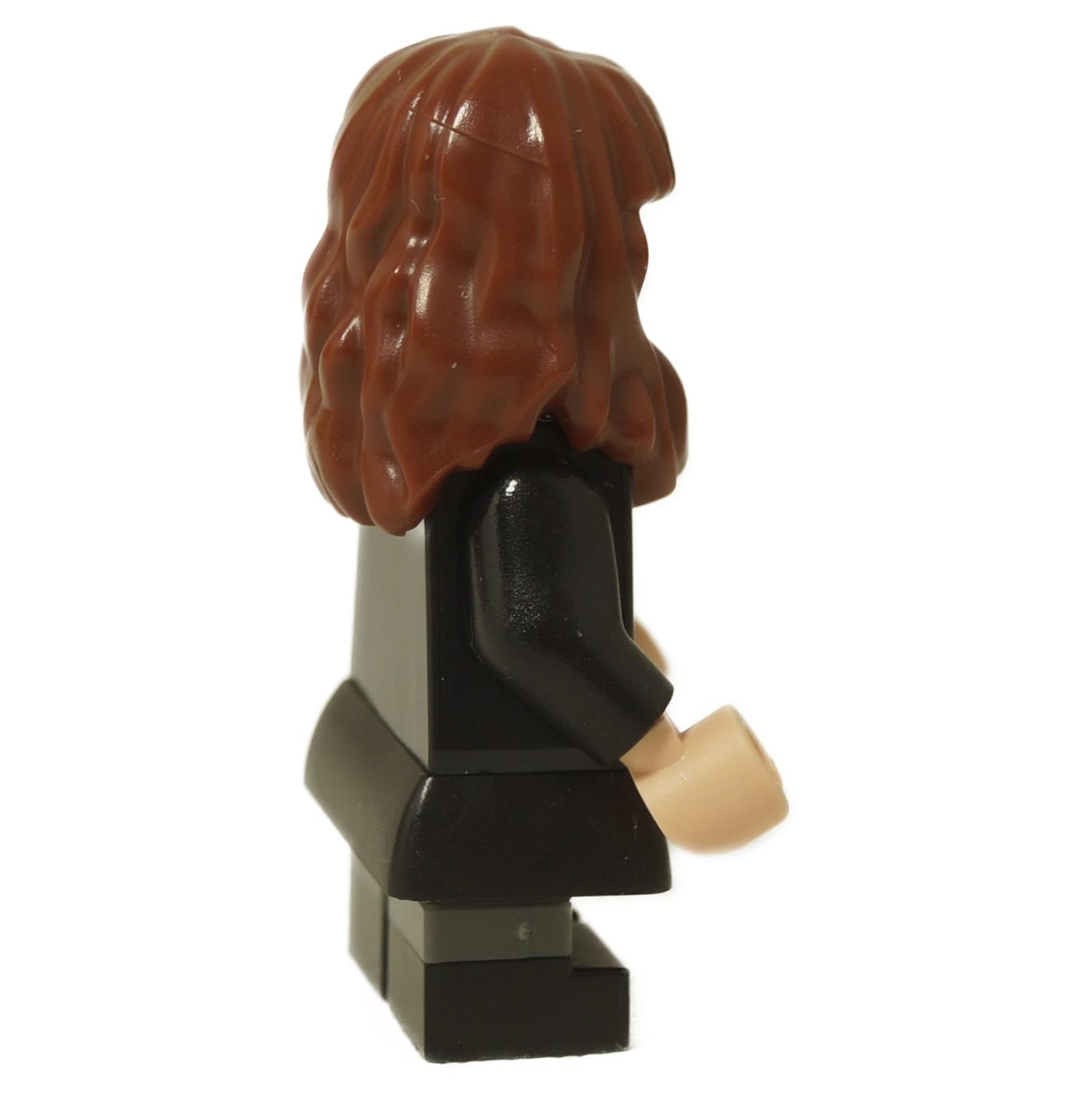 LEGO® Minifigure Harry Potter Hermione Granger (hp378) che mostra il profilo laterale con lunghi capelli castani ondulati e una tunica nera.
