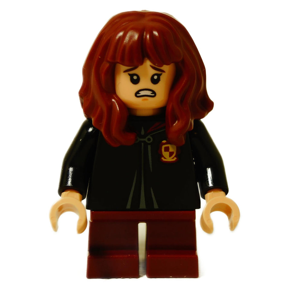 Minifigura LEGO Harry Potter Hermione Granger (hp253) en su túnica de Gryffindor, mostrando expresiones faciales de preocupación.