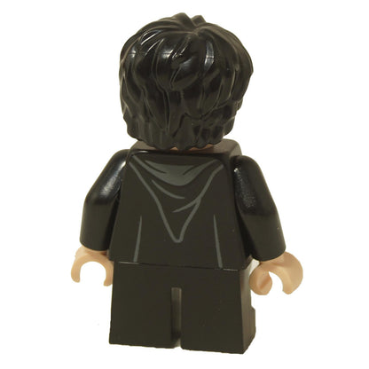 LEGO® Harry Potter minifigure (hp470) wearing black robe with printed hood on back and tousled black hair, rear view.