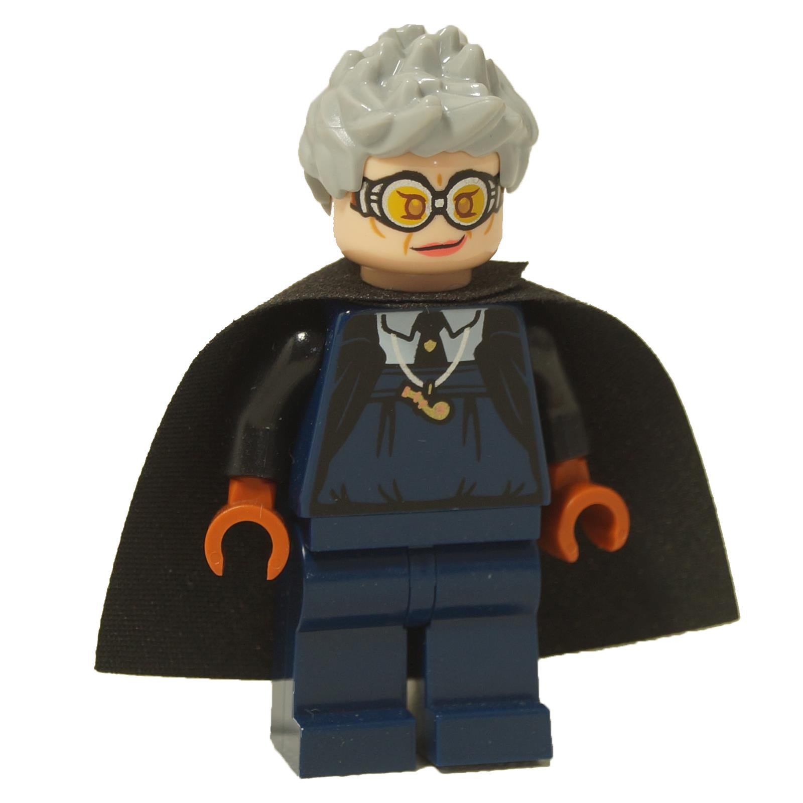 LEGO® Minifigura de Harry Potter Madam Rolanda Hooch (hp296) mostrando cara alternativa con gafas amarillas y capa negra.