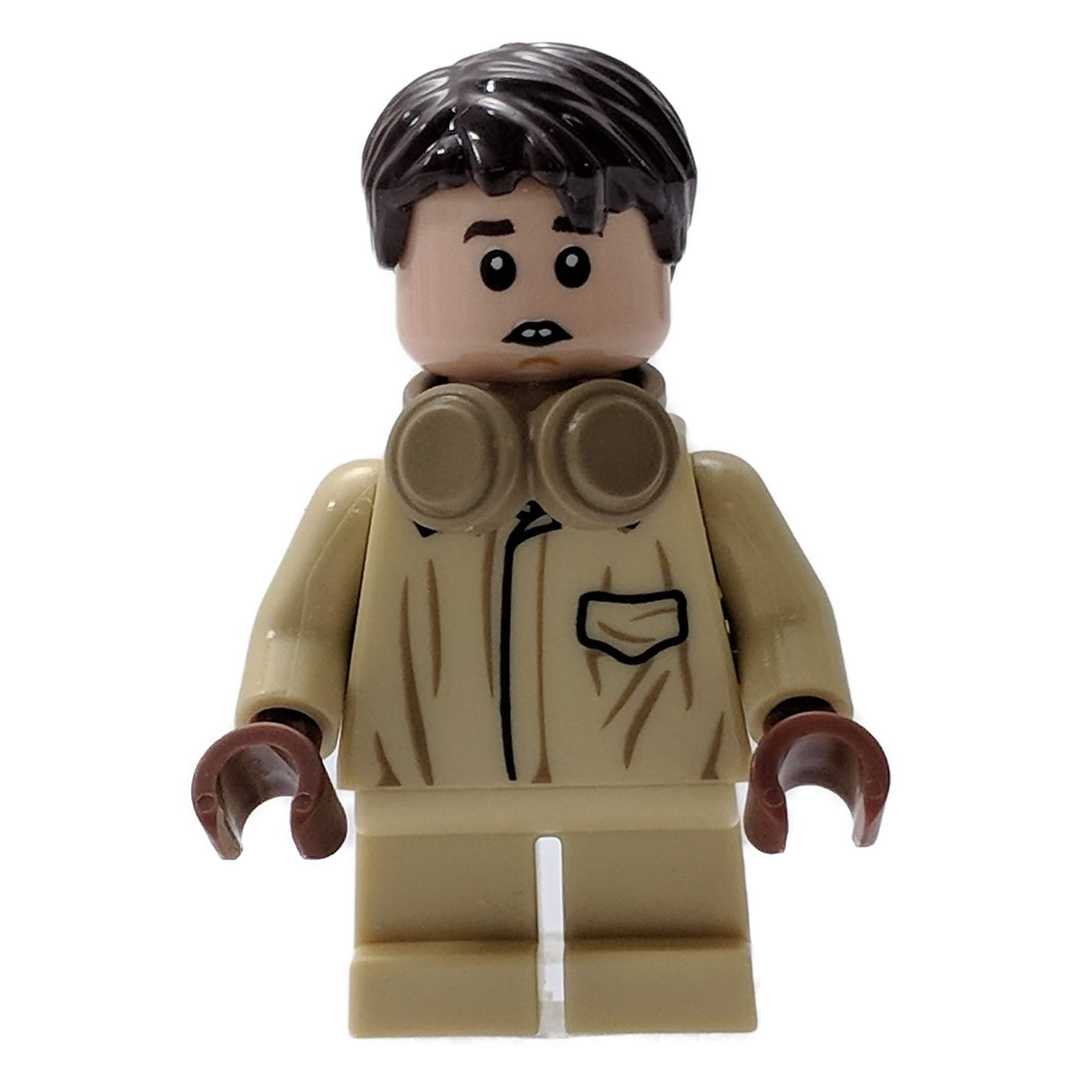 LEGO® Harry Potter Neville Longbottom hp271 minifigure wearing Tan Herbology coveralls, Dark Tan earmuffs and short Dark Brown hair