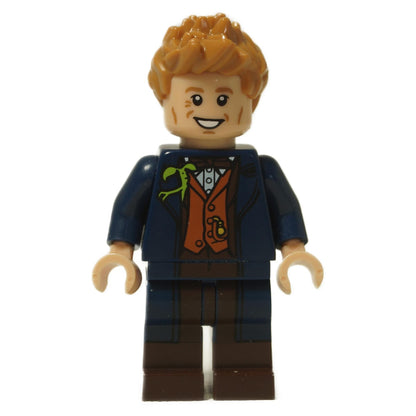LEGO® Harry Potter Newt Scamander minifigure (colhp17) front view with dark blue coat, orange vest, and Bowtruckle detail.