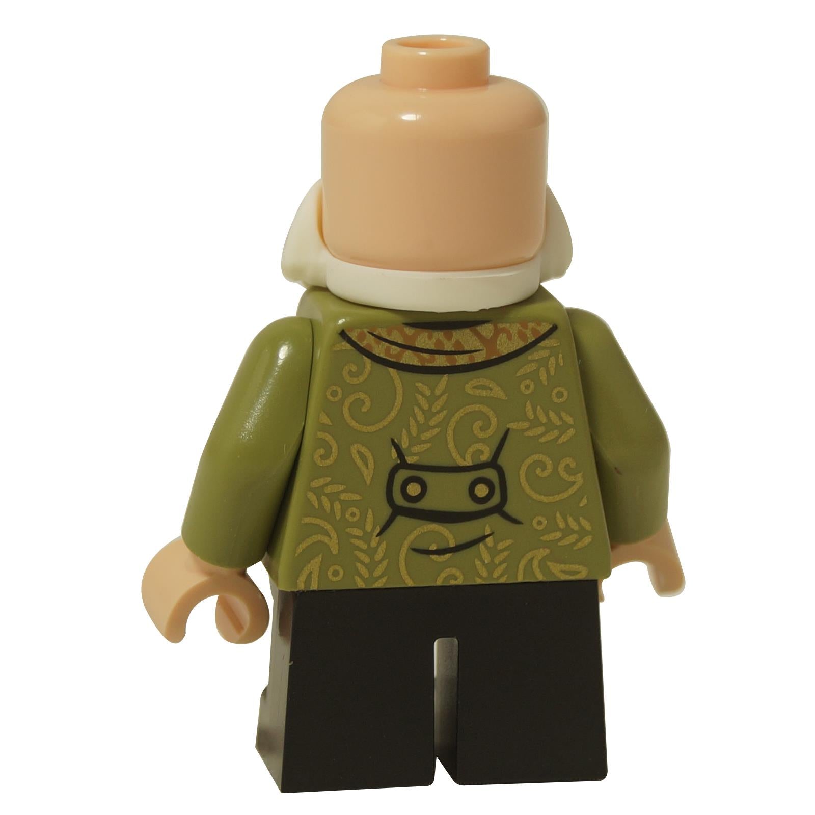 LEGO® Minifigure Harry Potter Professor Flitwick (hp524) con dettagliato motivo della giacca verde oliva sul retro, gambe nere e barba bianca, vista posteriore.