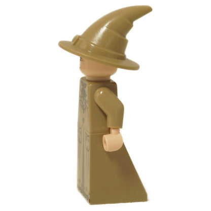 LEGO® Harry Potter Professor Pomona Sprout minifigure (hp131) with tan wizard hat and long tan robes, side profile.