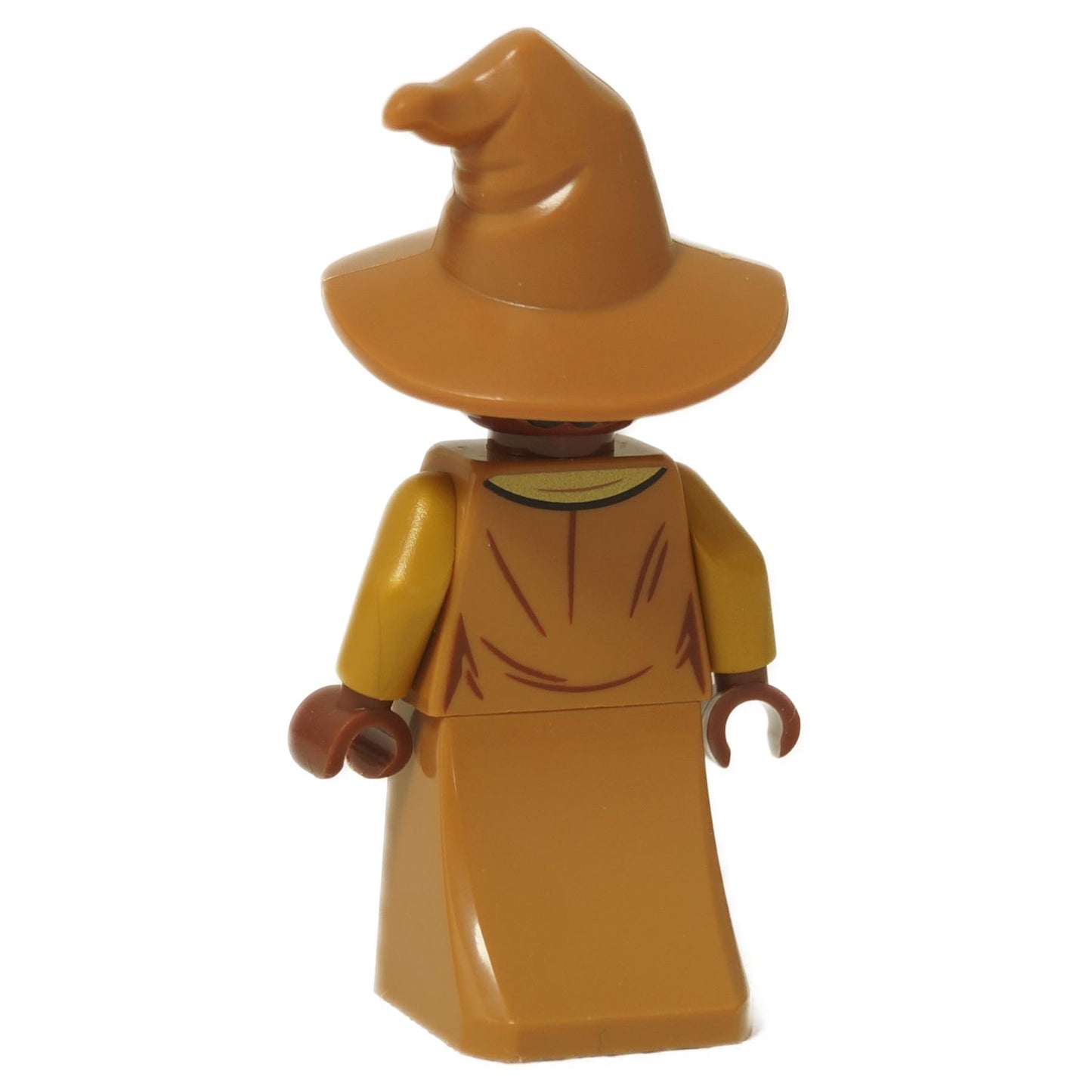 LEGO® Minifigura de Harry Potter de la Profesora Sinistra (hp310) con impresión de túnica marrón y gran sombrero puntiagudo, vista trasera.