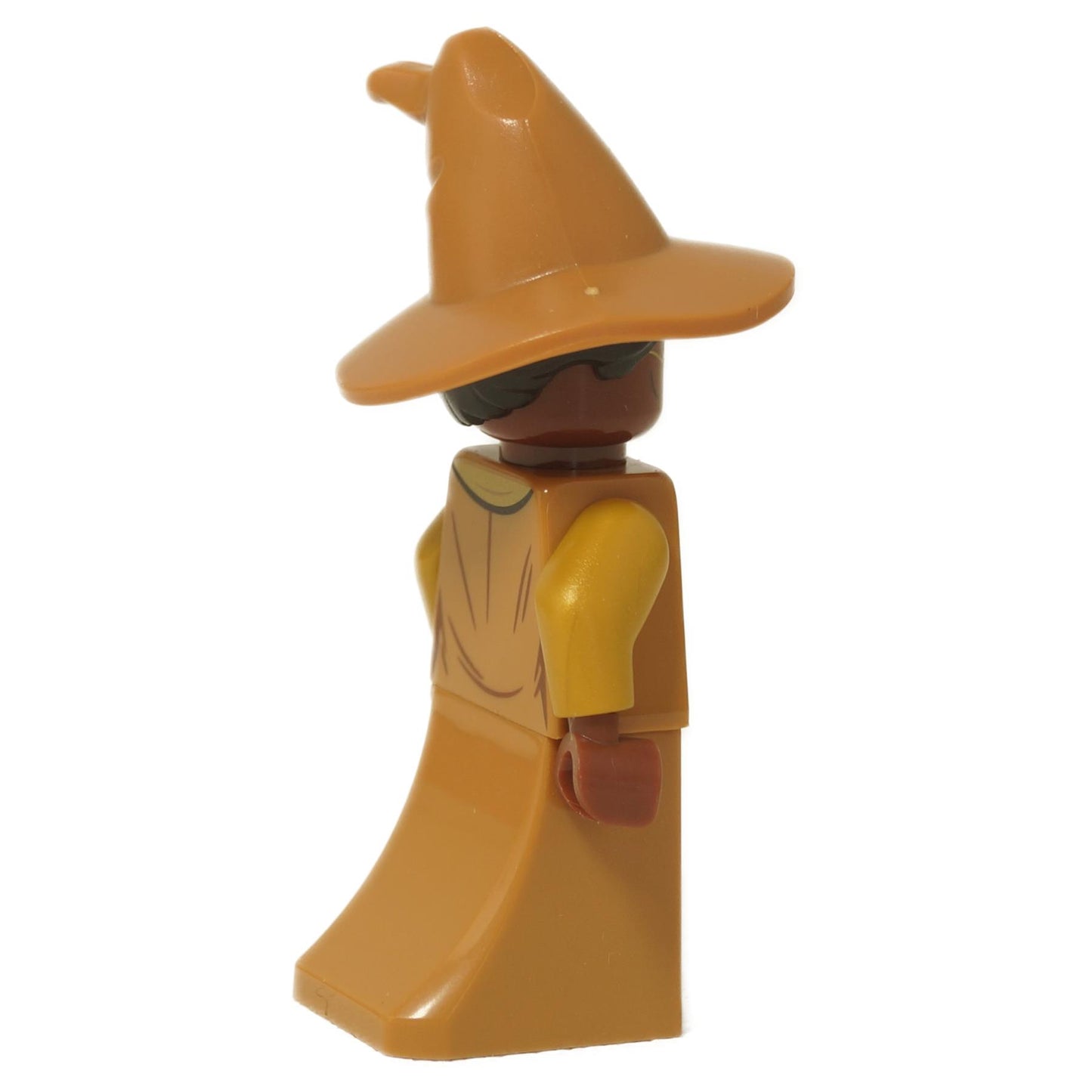 LEGO® Minifigura de Harry Potter de la Profesora Sinistra (hp310) en túnica de mago marrón y sombrero puntiagudo, mostrando perfil lateral.