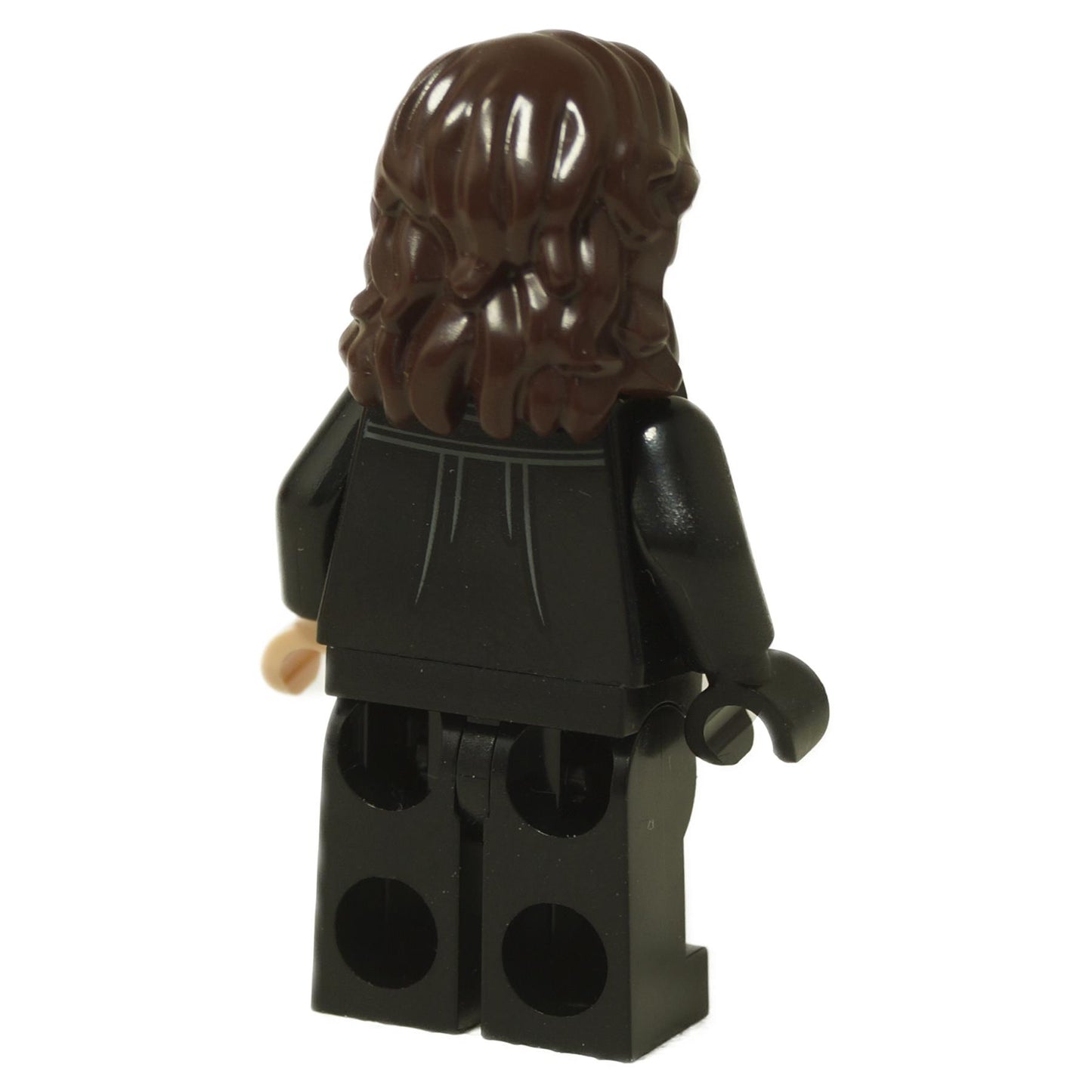 LEGO® Harry Potter Scabior minifigurka (hp426) nosící černý kabát s potiskem na zádech a dlouhými hnědými vlasy, pohled zezadu.