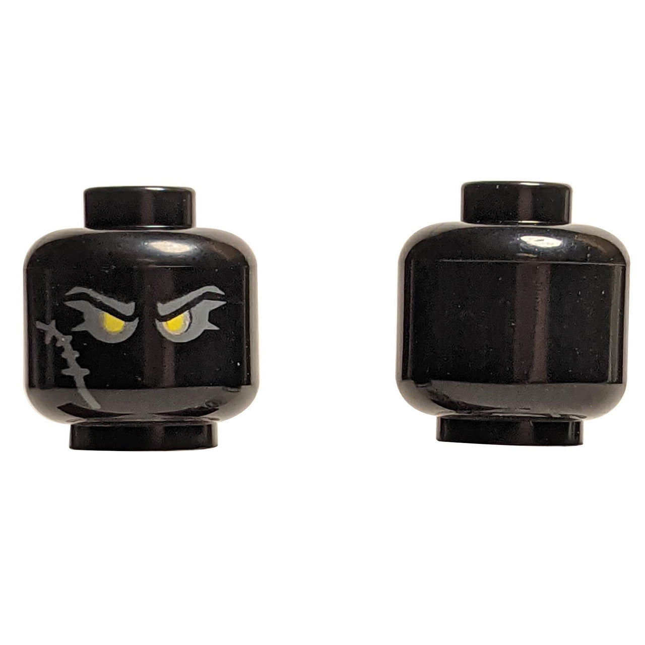 LEGO Minifigure Head, solid black, with printed glowing yellow eyes and a scar.