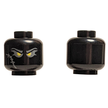 LEGO Minifigure Head, solid black, with printed glowing yellow eyes and a scar.