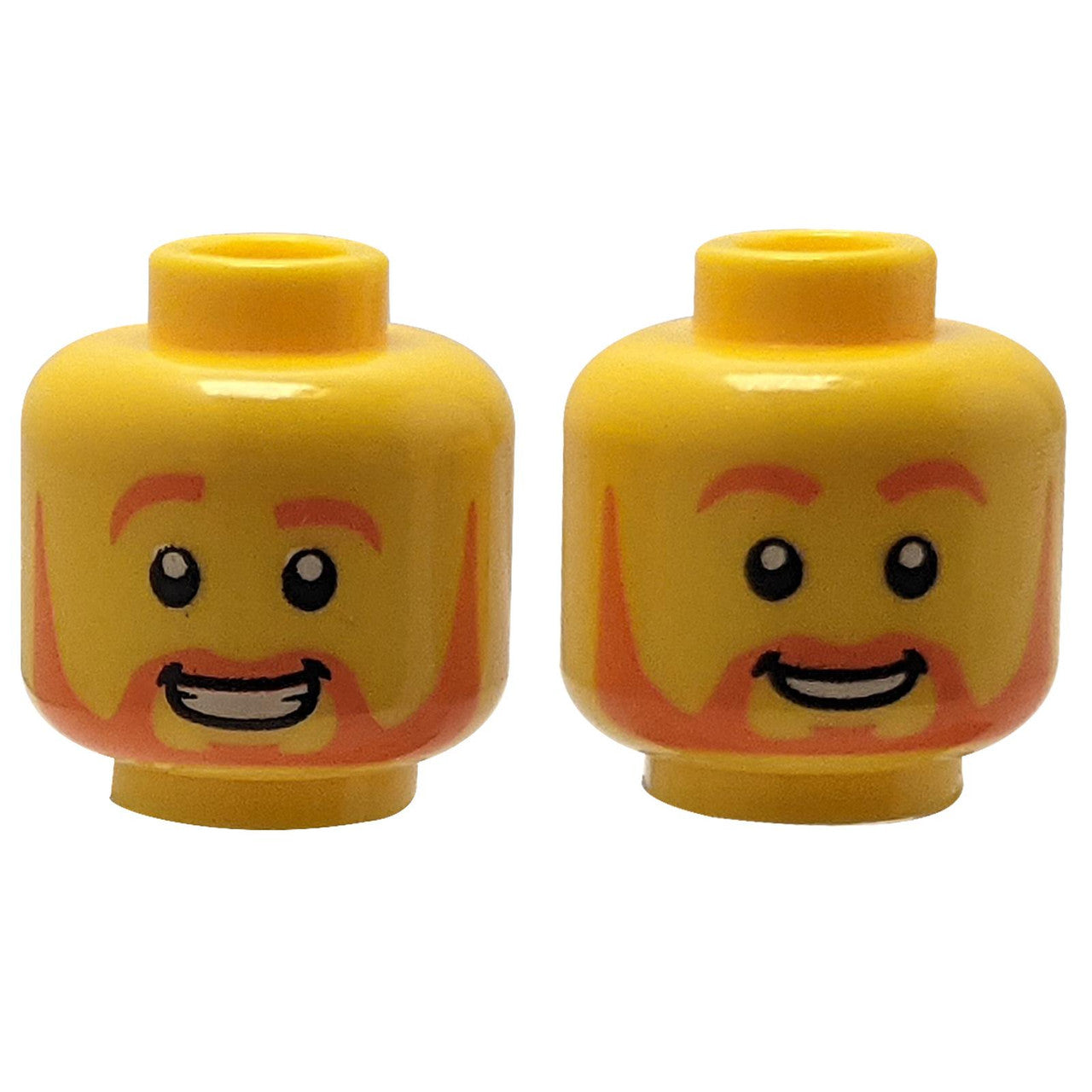 LEGO Minifigura Testa, Doppia Faccia con Arancione Barba. Un lato ha un sorriso con denti, l'altro ha un grande sorriso con un sopracciglio alzato.