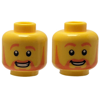 LEGO Minifigura Testa, Doppia Faccia con Arancione Barba. Un lato ha un sorriso con denti, l'altro ha un grande sorriso con un sopracciglio alzato.