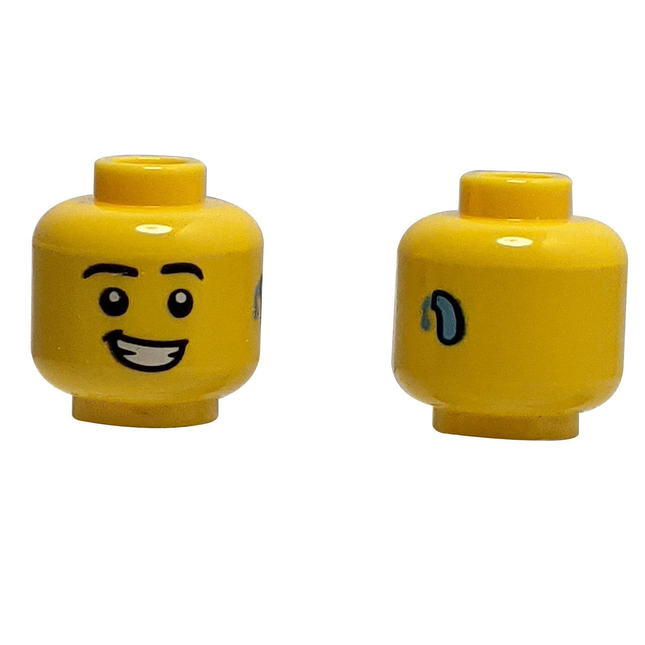 LEGO Minifigure Head with an open-mouthed smile and a printed hearing aid on the side.
