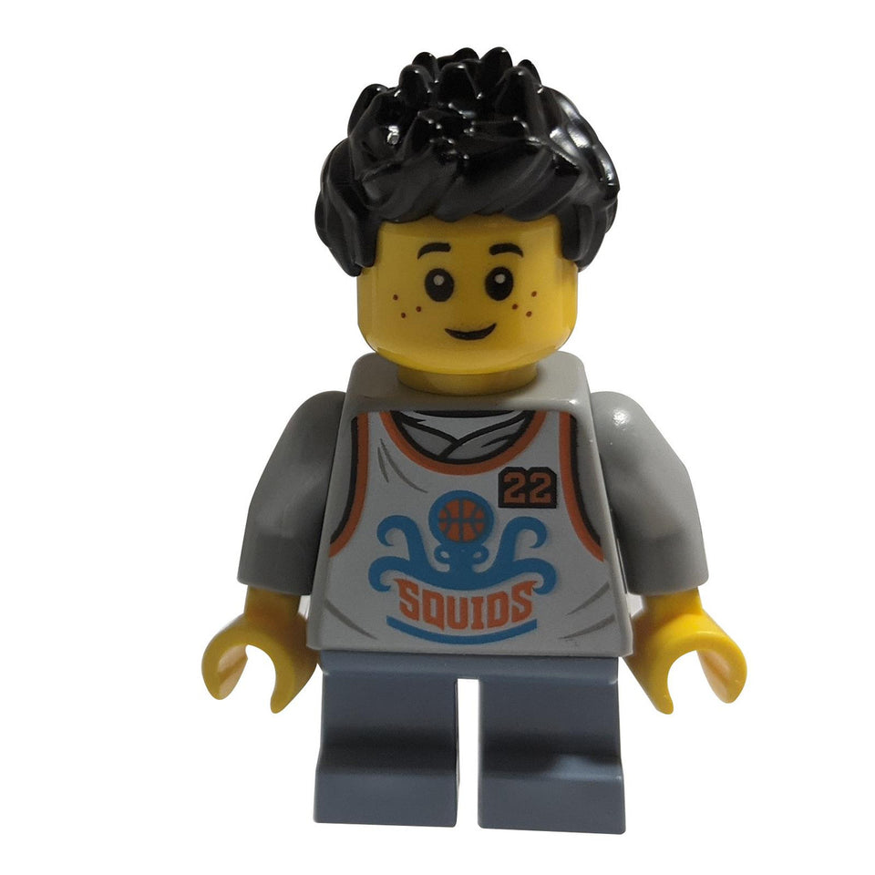 LEGO Wade minifigure hs017 wearing a grey Squids basketball jersey.