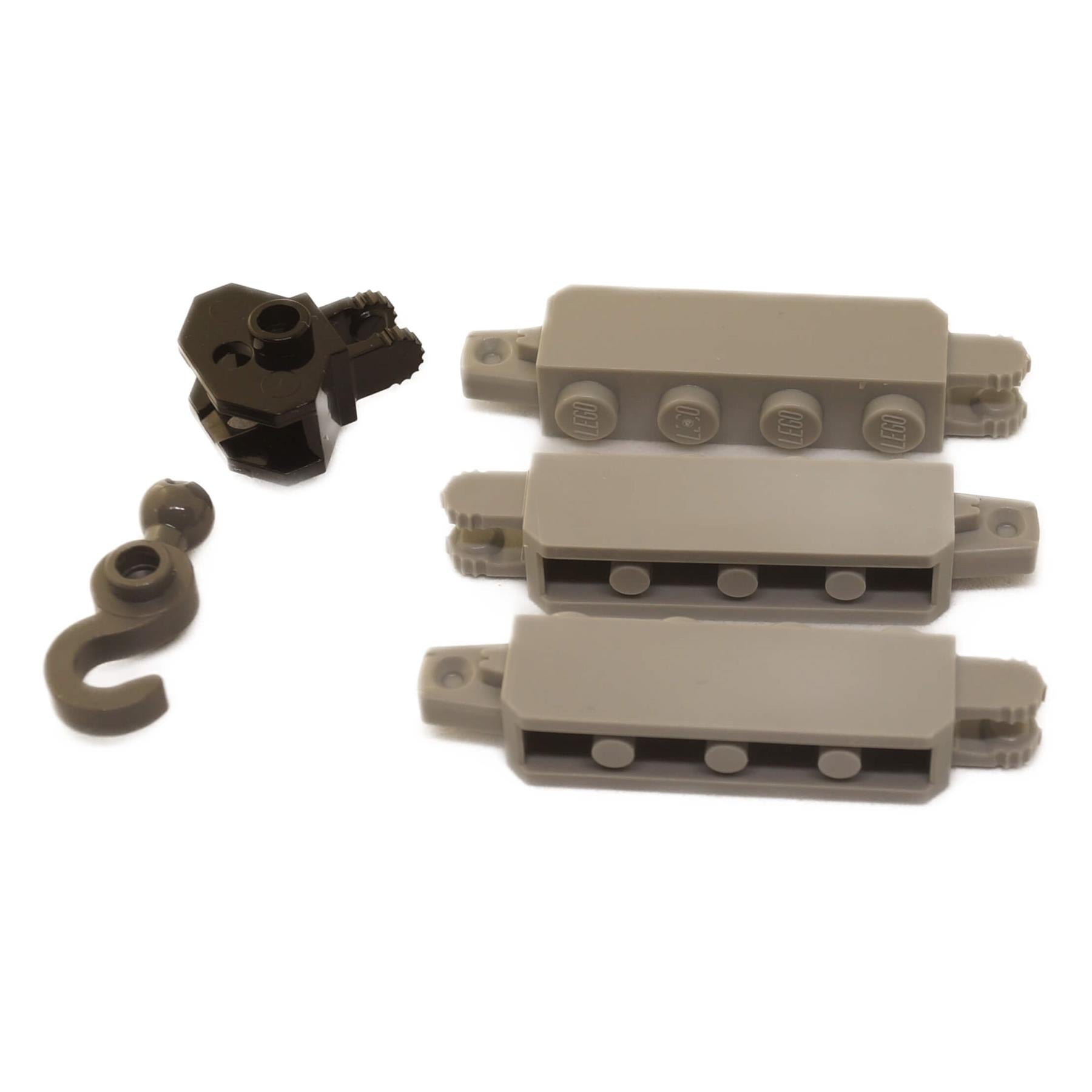 A curated 5-piece lot of genuine LEGO® parts, including three hinge bricks, a towball hook, and a hook with a towball socket, for building articulated joints - closer up view