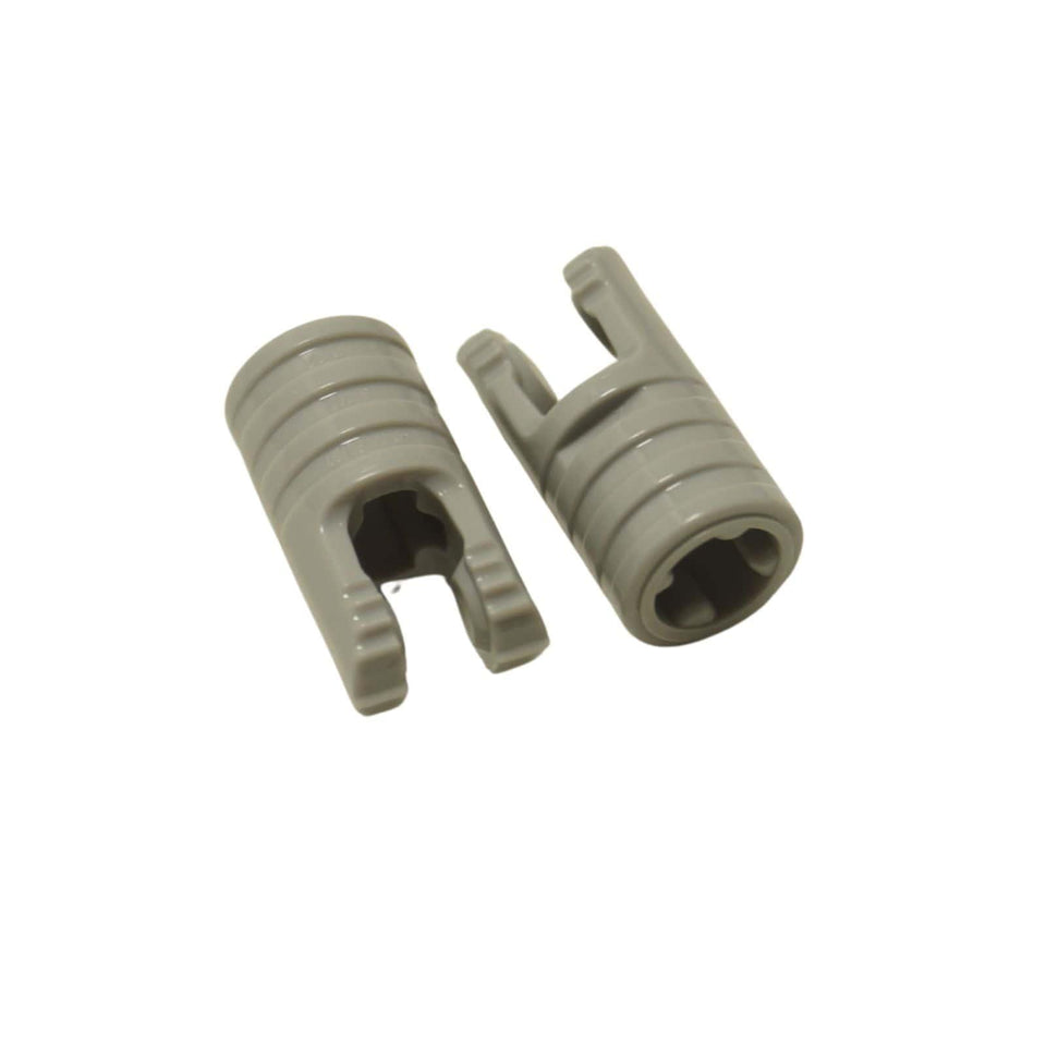 LEGO® hinge cylinder 1 x 2 locking element with two fingers, seven teeth, and axle holes on both ends, used for adjustable joints, light bluish gray color
