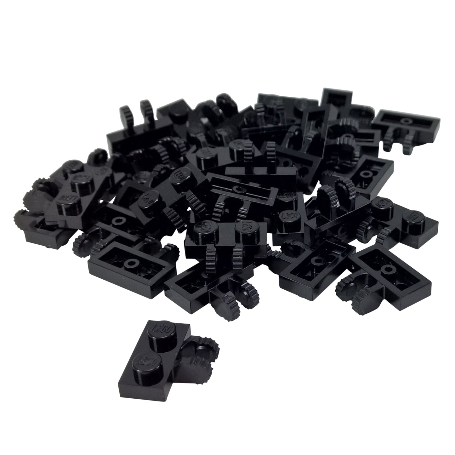LEGO® Scharnierplatte 1 x 2 mit 2 Fingern an der Seite und 9 Zähnen in schwarz, verwendet für verstellbare Scharnierabschnitte und artikulierte Bauweisen
