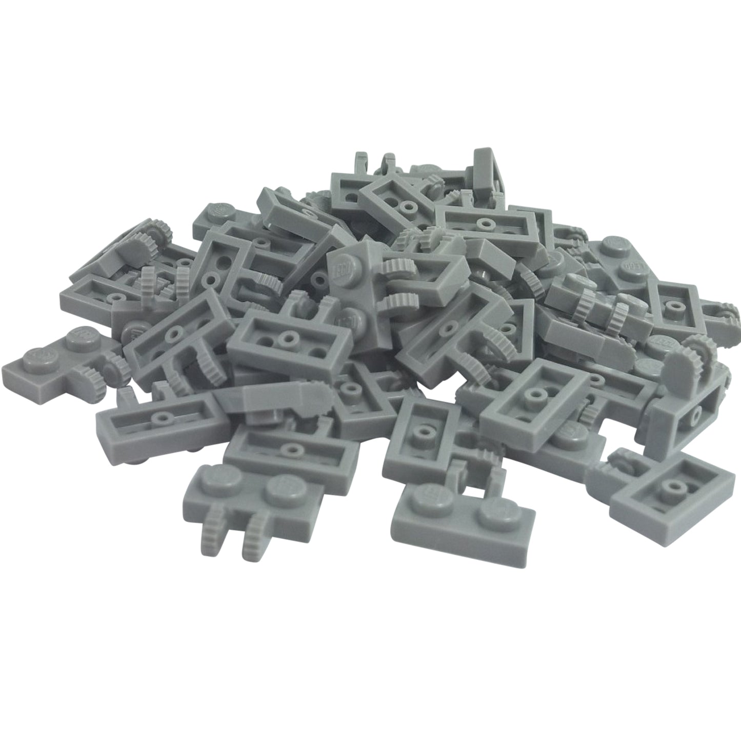 LEGO® Scharnierplatte 1 x 2 mit 2 Fingern an der Seite und 9 Zähnen in hellblaugrau, verwendet für verstellbare Scharnierabschnitte und artikulierte Bauweisen
