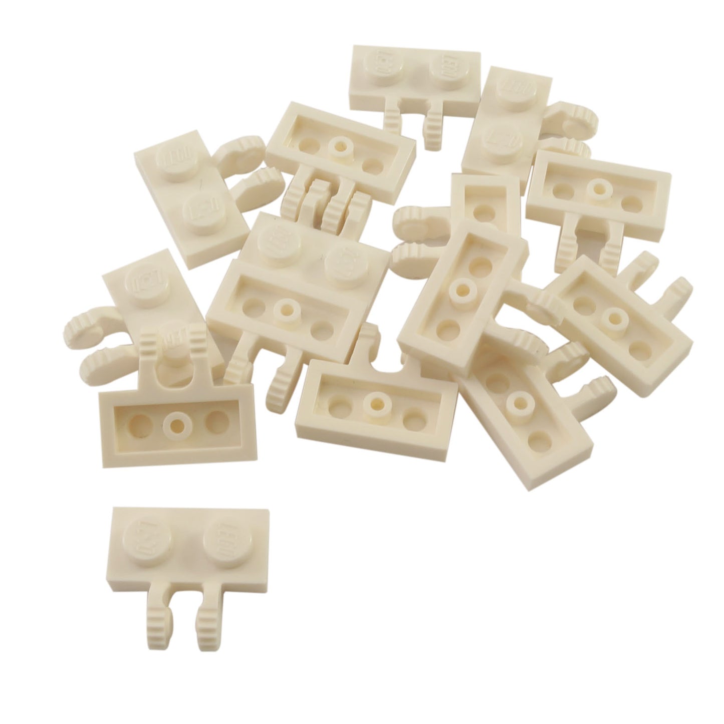 LEGO® Scharnierplatte 1 x 2 mit 2 Fingern an der Seite und 9 Zähnen in weiß, verwendet für verstellbare Scharnierabschnitte und artikulierte Bauweisen
