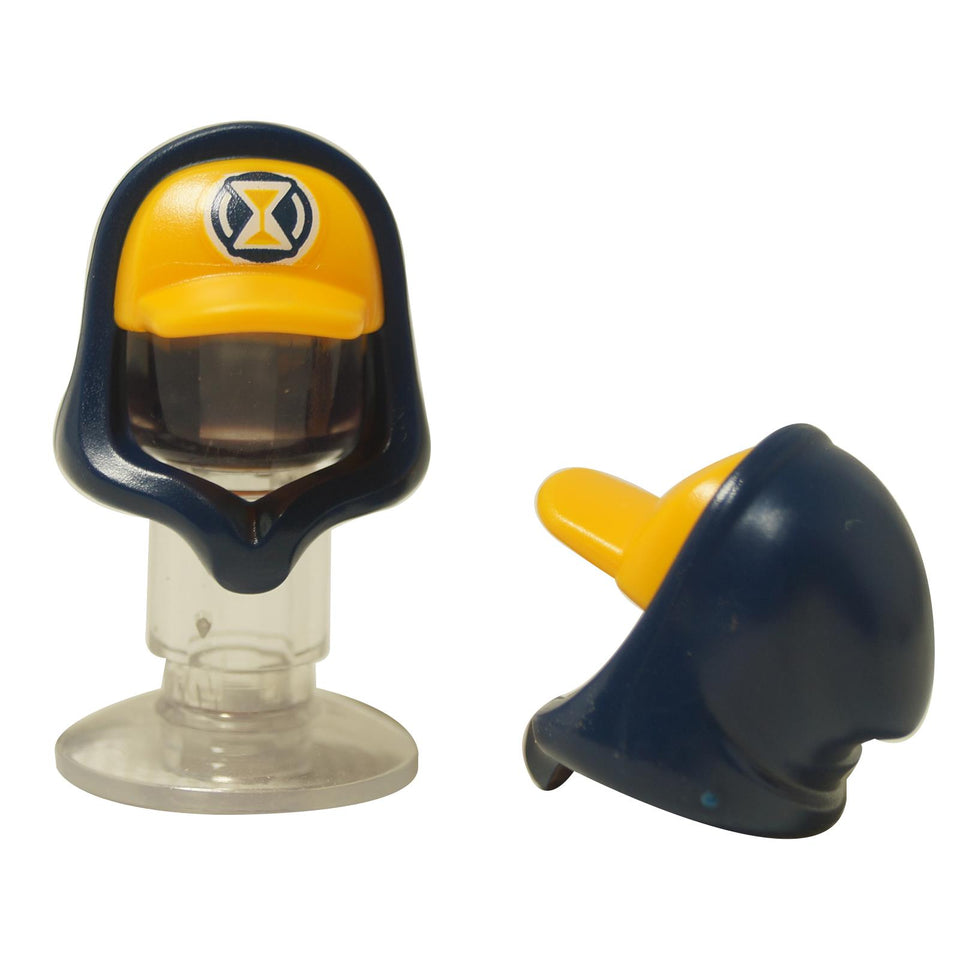 LEGO® headgear piece (52684pb06), a dark blue hood with an integrated yellow cap featuring a printed hourglass logo.
